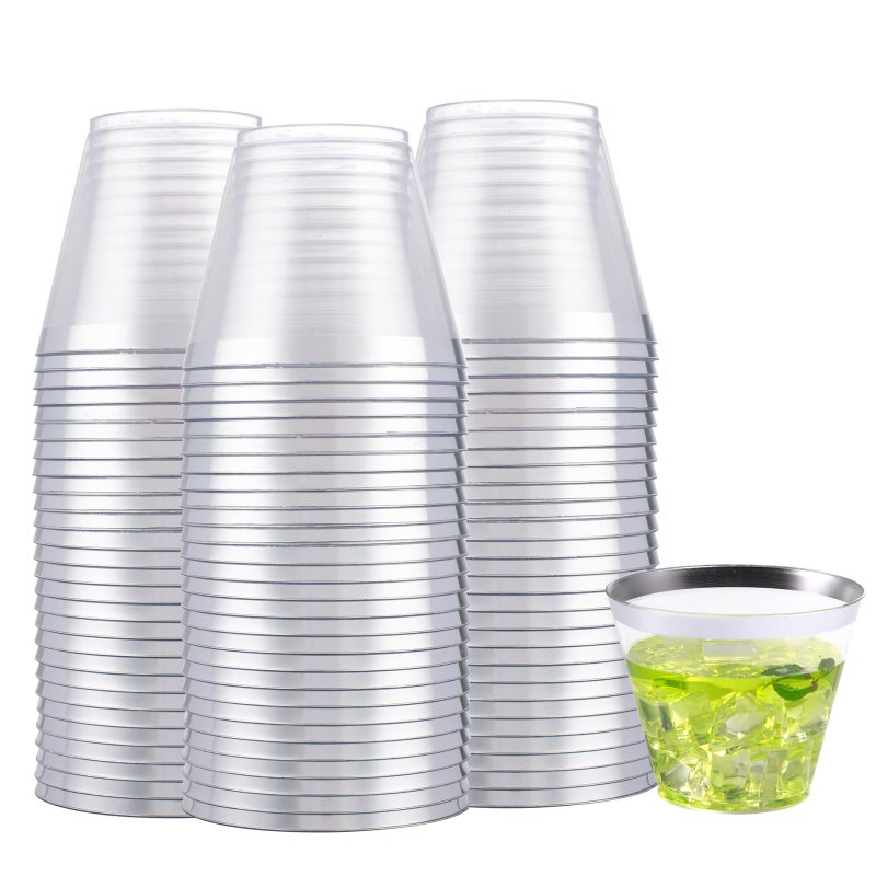 Hioasis 100 قطعة من أكواب البلاستيك الفضية من Hioasis للاستعمال مرة واحدة، أكواب بلاستيكية شفافة سعة 9 أونصة مع زخرفة فضية، أكواب حفلات شفافة وفضية مثالية لحفلات الزفاف والحفلات - Image 1